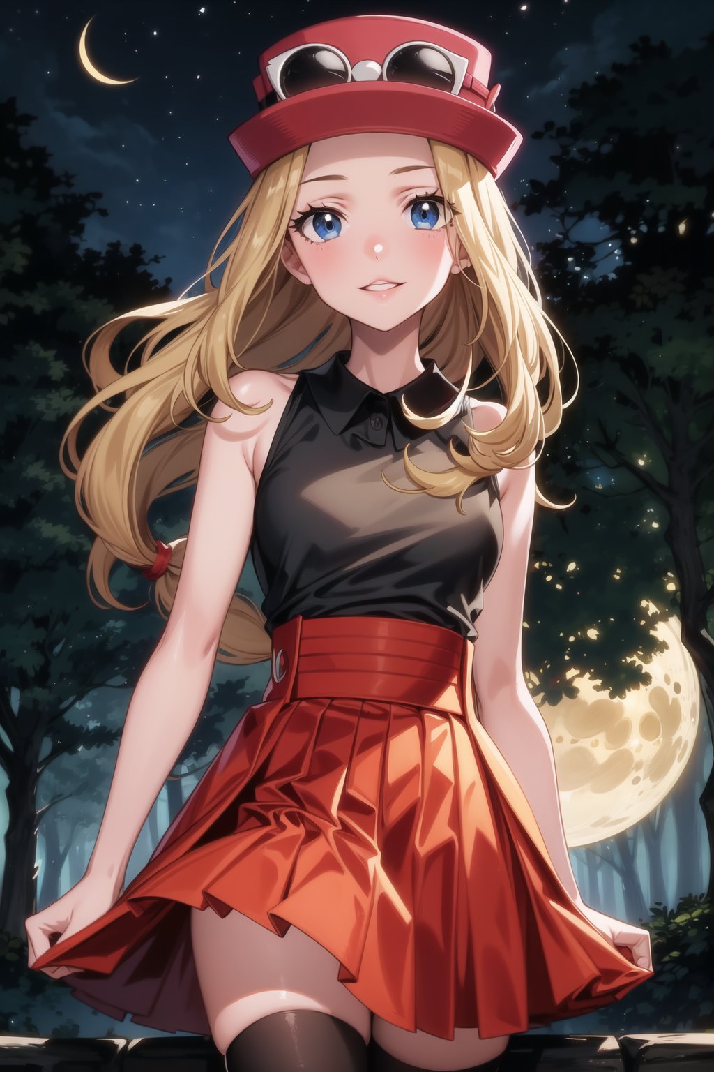 ((best quality)),  ((highly detailed)),  masterpiece,  ((official art)),  ((serena)), lips, smile, 1girl, solo, orange hair, serena, 1girl, solo, blue eyes, forehead, blonde hair, long hair, low-tied long hair, hat, pink headwear,sunglasses , 1girl, black shirt, collared shirt, sleeveless, red skirt, high-waist skirt, pleated skirt, black thighhighs,  locks illuminated by faint moonlight filtering through the dark forest canopy. Aiming for an unsettling atmosphere, her expressionless gaze pierces through the shadows as she sports parted lips.  frames her features beneath short blonde bangs, casting a silhouette against the dark trees.  glows softly in the moonlit ambiance. In slow motion,