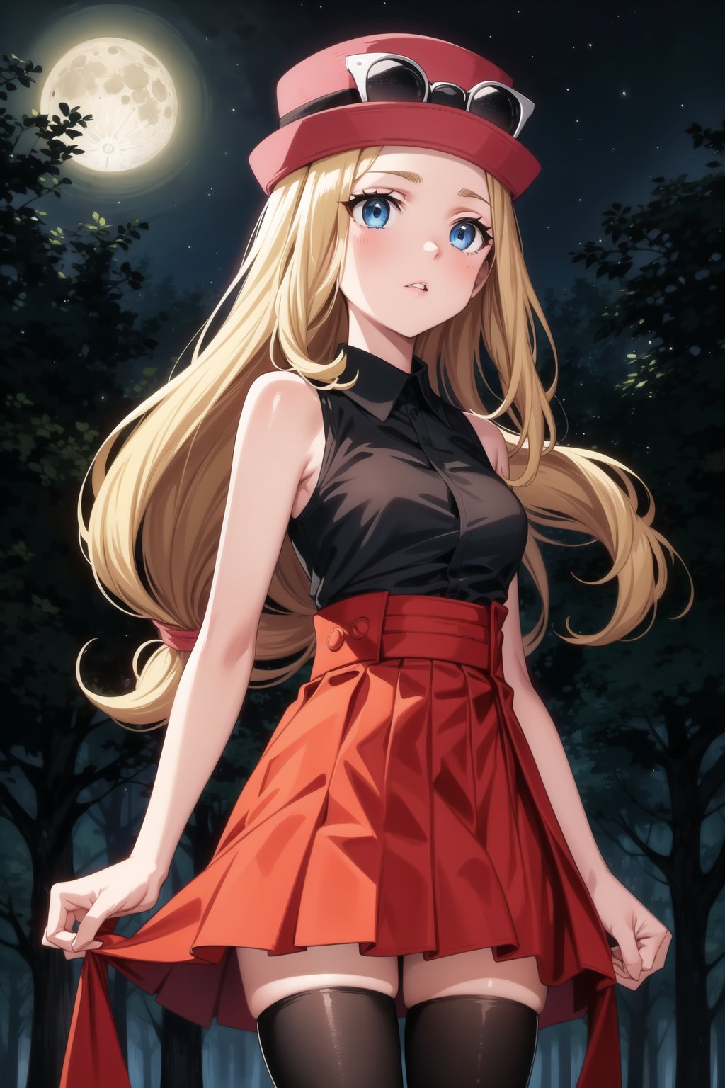 ((best quality)),  ((highly detailed)),  masterpiece,  ((official art)),  ((serena)), 1girl, solo, orange hair, serena, 1girl, solo, blue eyes, forehead, blonde hair, long hair, low-tied long hair, hat, pink headwear,sunglasses , 1girl, black shirt, collared shirt, sleeveless, red skirt, high-waist skirt, pleated skirt, black thighhighs,  locks illuminated by faint moonlight filtering through the dark forest canopy. Aiming for an unsettling atmosphere, her expressionless gaze pierces through the shadows as she sports parted lips.  frames her features beneath short blonde bangs, casting a silhouette against the dark trees.  glows softly in the moonlit ambiance. In slow motion,