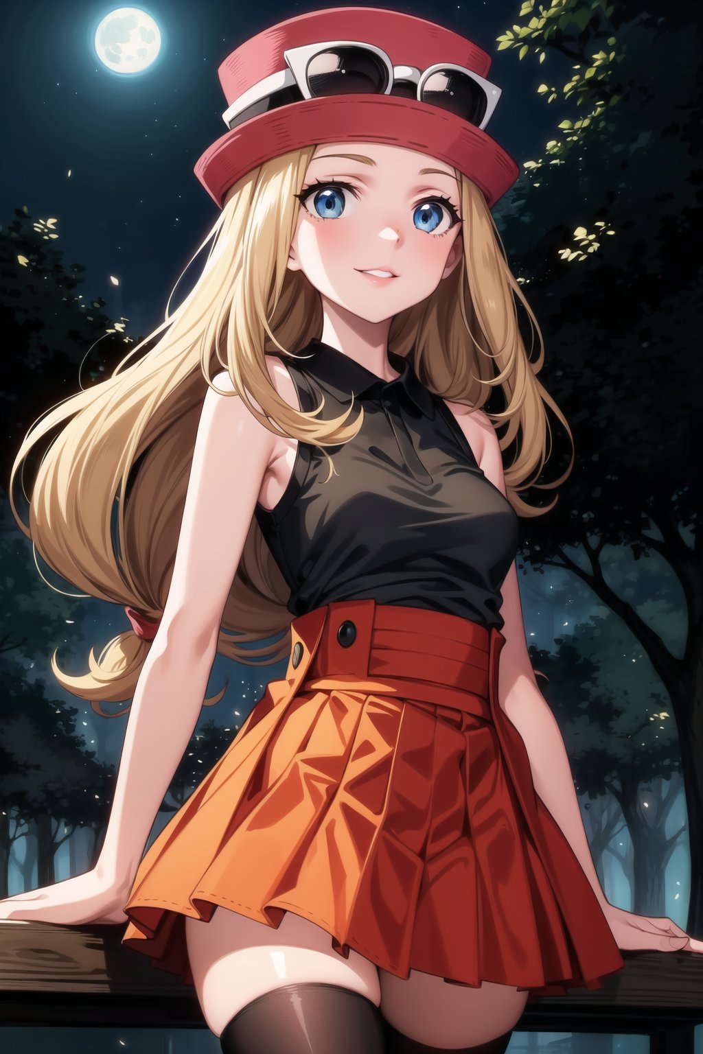 ((best quality)),  ((highly detailed)),  masterpiece,  ((official art)),  ((serena)), lips, smile, 1girl, solo, orange hair, serena, 1girl, solo, blue eyes, forehead, blonde hair, long hair, low-tied long hair, hat, pink headwear,sunglasses , 1girl, black shirt, collared shirt, sleeveless, red skirt, high-waist skirt, pleated skirt, black thighhighs,  locks illuminated by faint moonlight filtering through the dark forest canopy. Aiming for an unsettling atmosphere, her expressionless gaze pierces through the shadows as she sports parted lips.  frames her features beneath short blonde bangs, casting a silhouette against the dark trees.  glows softly in the moonlit ambiance. In slow motion,