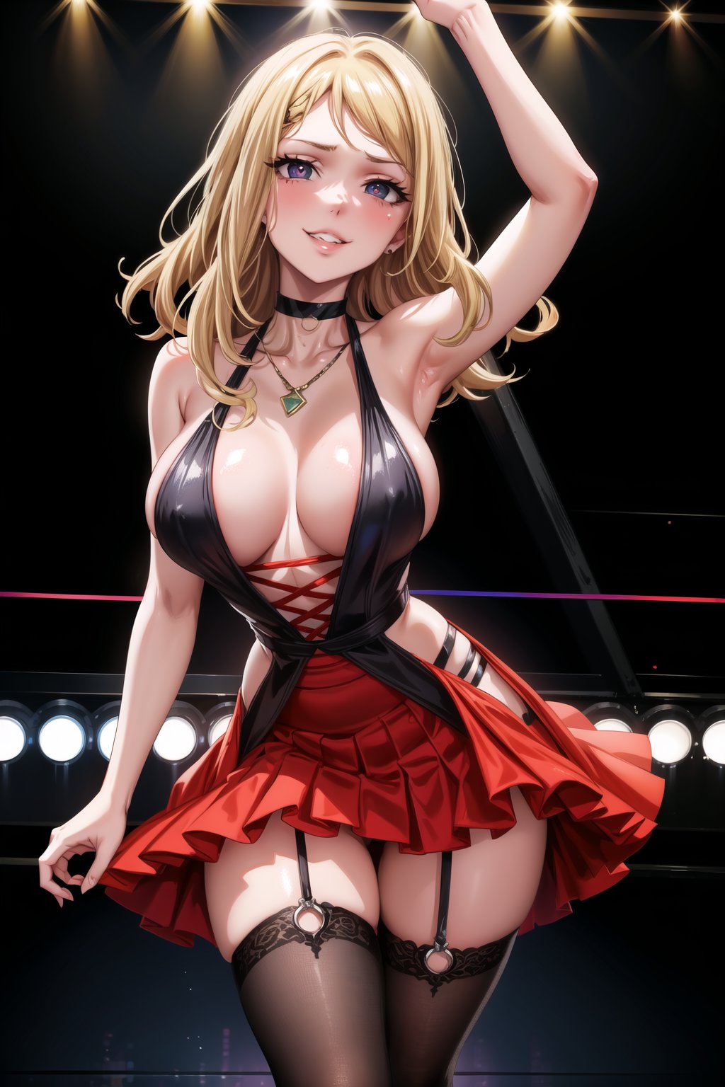 In a dimly lit nightclub, Serena stands tall, her blonde hair cascading down her back. She gazes directly at the viewer with half-closed eyes, an evil grin spreading across her lips as they curve into a sly smile. Her long, pleated skirt flows around her legs, and her halter-neck top showcases her toned collarbone. Black thigh-highs accentuate her toned calves, paired with black eye makeup that makes her pupils appear like voids. A choker wraps around her neck, holding up a gleaming silver pendant. As the neon lights of the dance floor blur in the background, Serena's sharp features and intricate details stand out against the shallow depth of field. The club's atmosphere is electric, with a hint of mystery, as if she's about to unleash her inner seductress on the crowded dance floor.