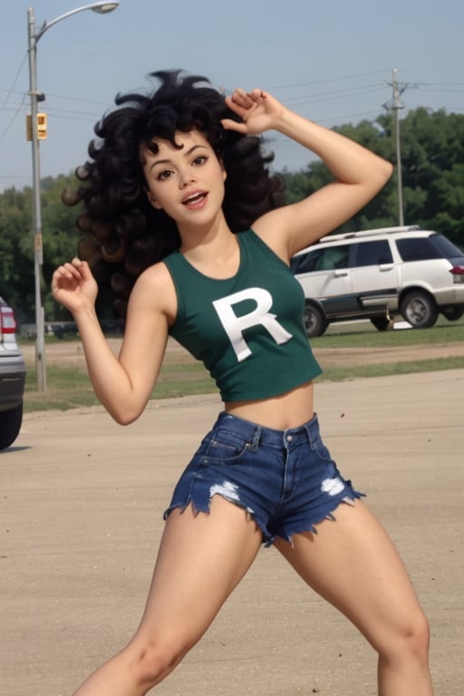 Daisy, 1girl, long hair, black hair, shorts, barefoot, midriff, crop top, tank top, blue shorts, big hair, afro, Daisy Mayhem