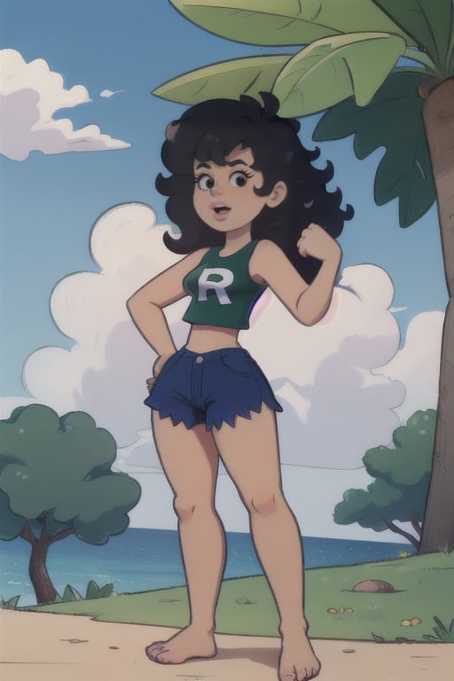 Daisy, 1girl, long hair, black hair, shorts, barefoot, midriff, crop top, tank top, blue shorts, big hair, afro, Daisy Mayhem,