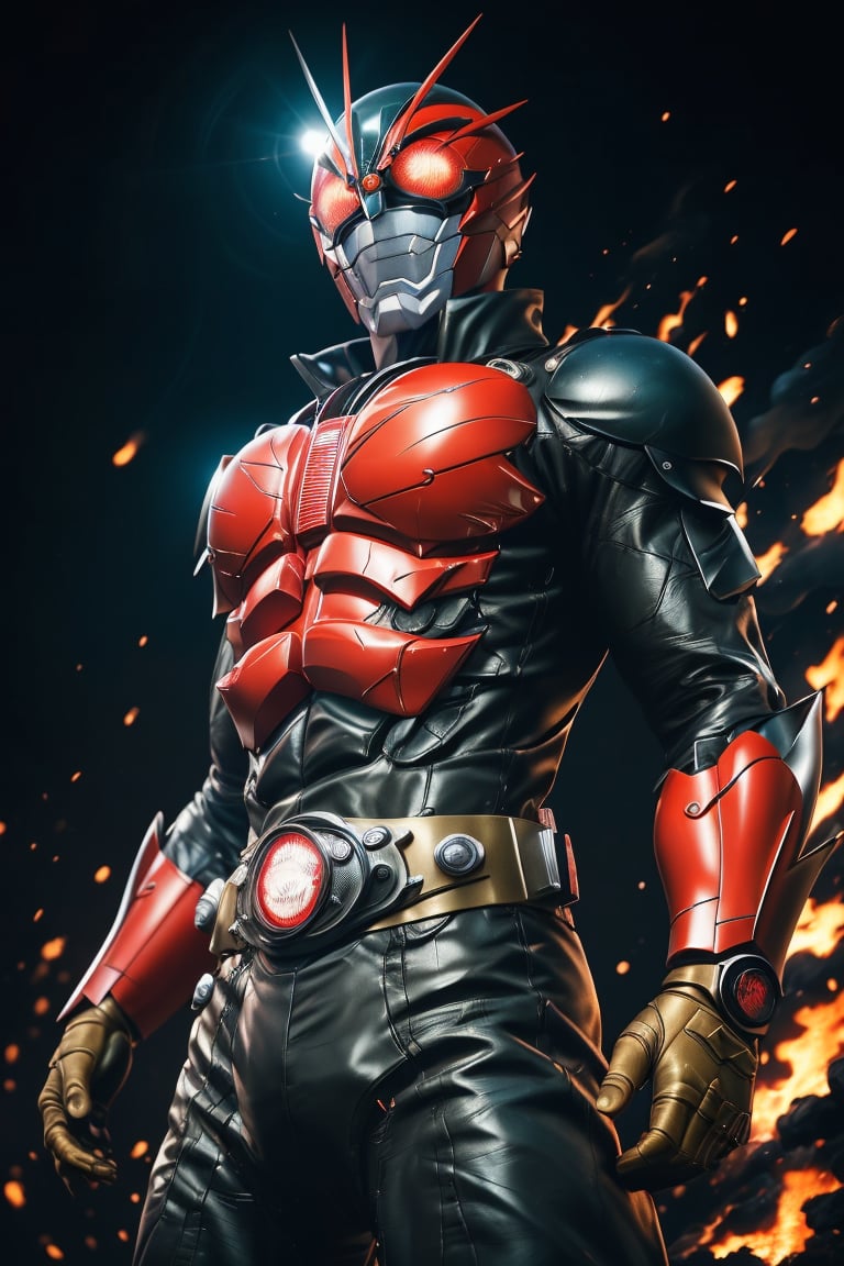 1man, solo, tokusatsu, (red color, black color), action pose, (perfect anatomy), (8K, ultra-detailed, masterpiece, best quality, detailed, highly detailed, sharp focus) , (wide angle), (look at viewer:1.3), (professional lighting), best shadow, (warm color), (simple background:1.3), (Safe for work:1.3),More Detail, ,ichirider