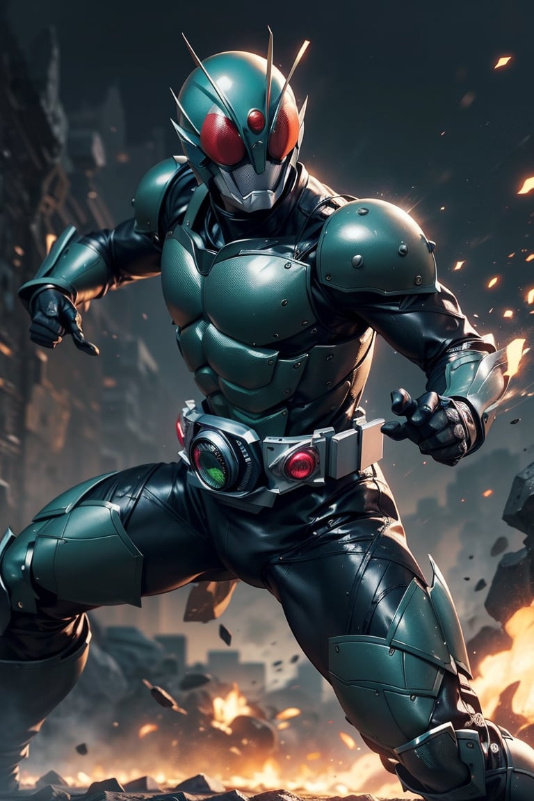 1man, solo, kamenrider, red color, silver color, (dynamic action pose:1.3), (perfect anatomy), (8K, ultra-detailed, masterpiece, best quality, detailed, highly detailed, sharp focus) , (long shot:1.4), (wide angle), (look at viewer:1.3), (natural lighting:1.3), (professional lighting), best shadow, (warm color), (simple background:1.3), (Safe for work:1.3),More Detail, ,ichirider