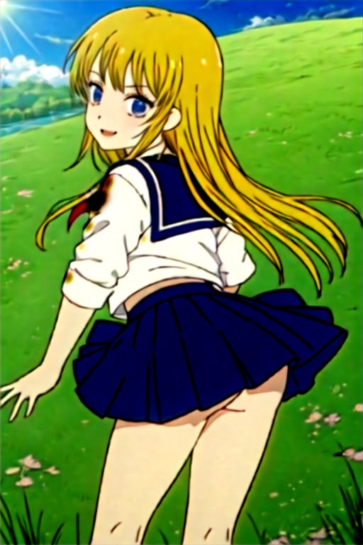 masterpiece, best quality, (anime screencap:1.2), Hibari, on-model, 1boy, blue eyes, slender, smile, long hair, blonde hair, shirt, serafuku, skirt, school uniform, smiling, cute pose, from behind, looking at viewer, full body, BREAK grass, river, sun, bridge in distance, 8K, RAW, sharp focus, (dynamic shot), BREAK absurdres, large_filesize, full color, anime, animated gif, mp4, video, animated, intricate,, ,Hibari