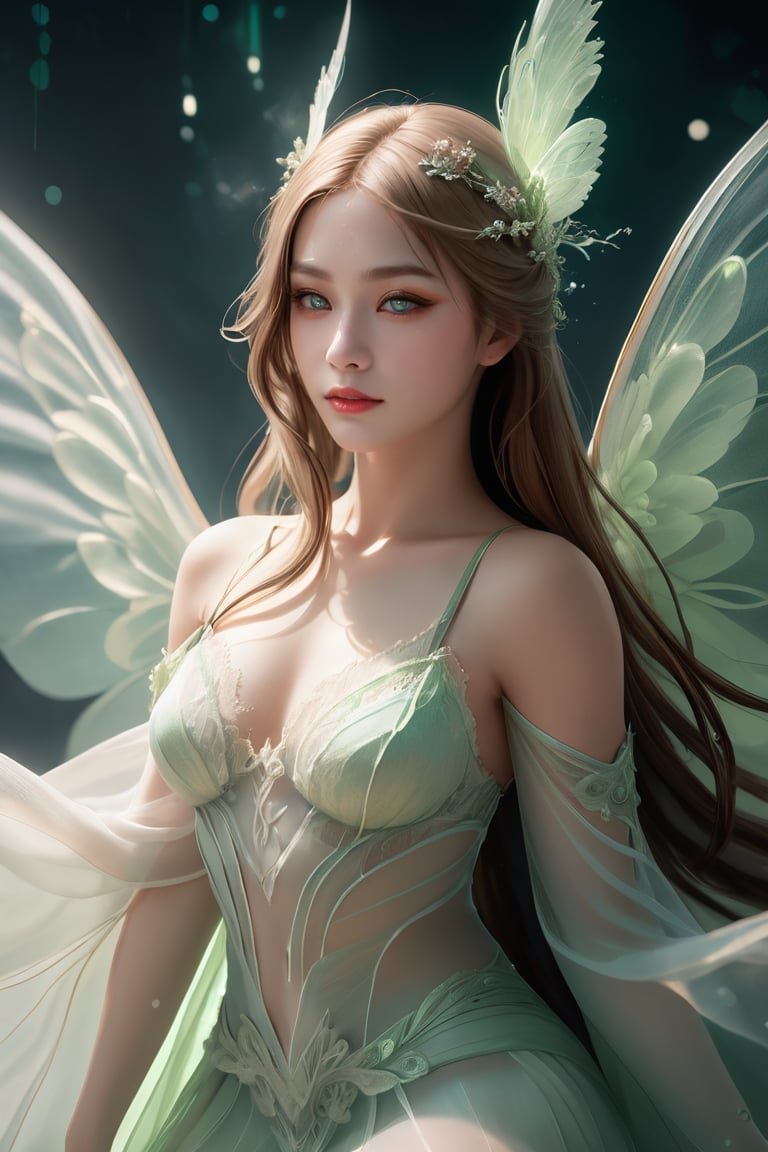 (fantasy woman, Flowing flaxen hair cascades over her delicate shoulders, framing an exquisitely beautiful woman as if she were a part of a dreamlike world. She is draped in a translucent white smoke-like garment adorned with intricate pale green lace wings, where the airy fabric seems to organically emanate from her body, merging her physical form with the realm of mystique. Countless tiny lights float around her), Detailed Textures, high quality, high resolution, high Accuracy, realism, color correction, Proper lighting settings, harmonious composition, Behance works,sad