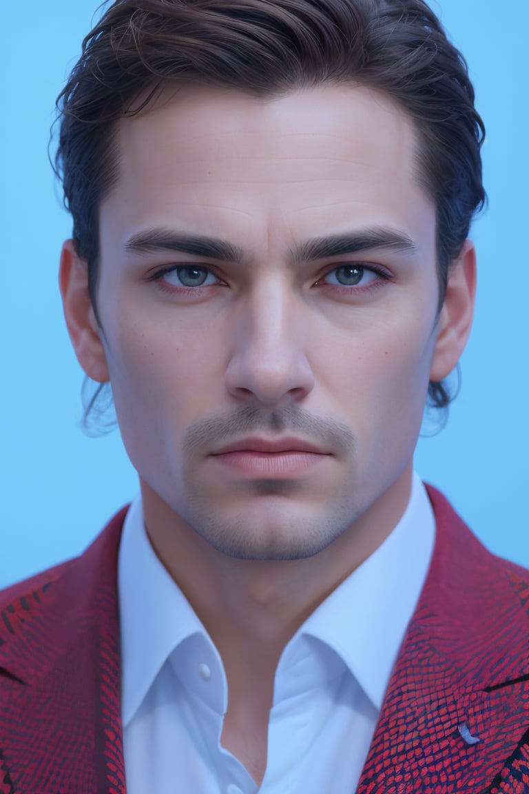 (best quality,4k,8k,highres,masterpiece:1.2),ultra-detailed,(realistic,photorealistic,photo-realistic:1.37), A majestic male portrait, rendered in photorealistic detail, with a sharp focus on every contour of the subject's face and attire. The 4K resolution is so crisp it's as if the viewer can reach out and touch the subtle stubble on his chin or the intricate folds of his suit jacket. Framed against a soft, gradient blue background, the man sits confidently, his piercing gaze directed at the camera with a hint of introspection. The masterful use of lighting creates depth and dimensionality, highlighting the delicate texture of his skin and the fine details of his facial features.