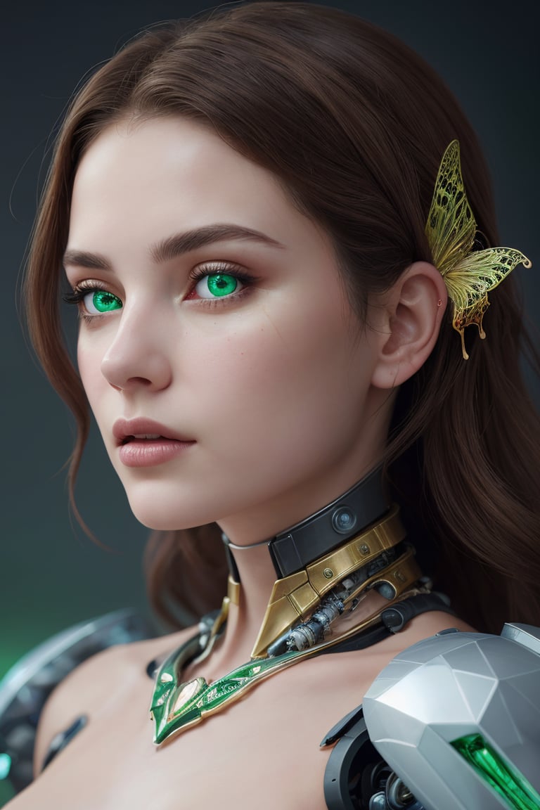 (best quality,8K,highres,masterpiece), ultra-detailed, (portrait of a stunning beauty woman, a beautiful cyborg with brown hair and sharp green eyes), an enchanting portrait capturing the beauty of a cyborg woman with striking brown hair and sharp green eyes. Her features are intricate and elegant, with every detail meticulously rendered to showcase her majestic presence. The portrait is captured through digital photography, allowing for the highest level of detail and realism. Adorning her cyborg form are delicate gold butterfly filigree accents, adding a touch of ethereal beauty to her appearance. Translucent fairy wings extend from her back, hinting at her otherworldly nature and grace. Surrounding her is a shattered glass motif, symbolizing both her fractured humanity and her resilience. This artwork captures the juxtaposition of beauty and technology, inviting the viewer to explore the depths of her character and identity. Feel free to add your own creative touches to enhance the realism and detail of this captivating portrait.