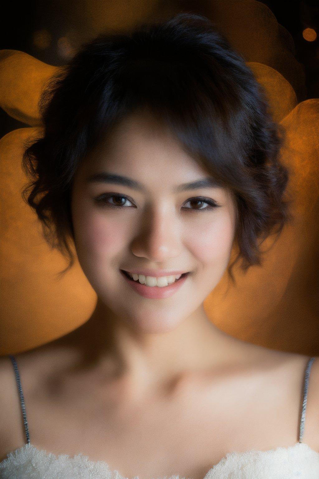 A masterpiece of a girl with short hair, set against a backdrop of swirling midnight light particles. Her smile illuminates the darkness, as she poses confidently amidst the ethereal glow. The high-resolution image showcases her flawless features in exquisite detail, rendering every nuance and texture with stunning realism.