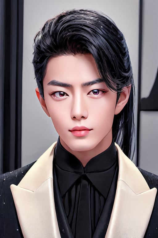 Generate a stunning high-resolution masterpiece featuring a young Chinese man exuding serenity.  dark background. His long black hair is styled immaculately, framing his cute face. 
Focus on his ruifeng eyes, which are almond-shaped with a subtle upward tilt, gleaming in the dim light and radiating calmness and depth. The inner corners of his eyes are rounded, while the outer edges slant gently downward before ending with an upward tilt. His eyebrows are groomed and add definition to his gaze.
Depict his straight nose and full rounded lips, with a cupid's bow and a lower lip that is a little shorter than the plumpier upper lip, featuring a small mole underneath, making him appear cute. His eyes are slightly larger and positioned a bit lower on his face, giving him a youthful appearance. Emphasize the deep philtrum that is slightly pointed upwards, moderating the visual length of his face. This portrait should capture the rare, demure beauty and natural cuteness of the subject.,1boy