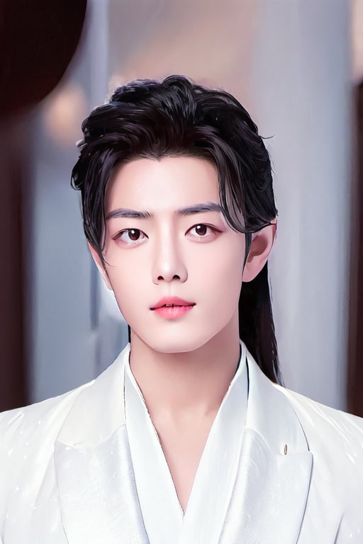 Generate a stunning high-resolution masterpiece featuring a young Chinese man exuding serenity.  dark background. His long black hair is styled immaculately, framing his cute face. 
Focus on his ruifeng eyes, which are almond-shaped with a subtle upward tilt, gleaming in the dim light and radiating calmness and depth. The inner corners of his eyes are rounded, while the outer edges slant gently downward before ending with an upward tilt. His eyebrows are groomed and add definition to his gaze.
Depict his straight nose and full rounded lips, with a cupid's bow and a lower lip that is a little shorter than the plumpier upper lip, featuring a small mole underneath, making him appear cute. His eyes are slightly larger and positioned a bit lower on his face, giving him a youthful appearance. Emphasize the deep philtrum that is slightly pointed upwards, moderating the visual length of his face. This portrait should capture the rare, demure beauty and natural cuteness of the subject.,1boy,print robe