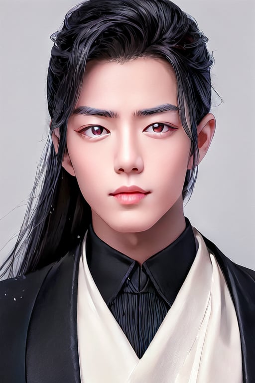 Generate a stunning high-resolution masterpiece featuring a young Chinese man exuding serenity.  dark background. His long black hair is styled immaculately, framing his cute face. 
Focus on his ruifeng eyes, which are almond-shaped with a subtle upward tilt, gleaming in the dim light and radiating calmness and depth. The inner corners of his eyes are rounded, while the outer edges slant gently downward before ending with an upward tilt. His eyebrows are groomed and add definition to his gaze.
Depict his straight nose and full rounded lips, with a cupid's bow and a lower lip that is a little shorter than the plumpier upper lip, featuring a small mole underneath, making him appear cute. His eyes are slightly larger and positioned a bit lower on his face, giving him a youthful appearance. Emphasize the deep philtrum that is slightly pointed upwards, moderating the visual length of his face. This portrait should capture the rare, demure beauty and natural cuteness of the subject.,1boy