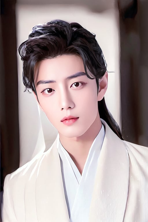 Generate a stunning high-resolution masterpiece featuring a young Chinese man exuding serenity.  dark background. His long black hair is styled immaculately, framing his cute face. 
Focus on his ruifeng eyes, which are almond-shaped with a subtle upward tilt, gleaming in the dim light and radiating calmness and depth. The inner corners of his eyes are rounded, while the outer edges slant gently downward before ending with an upward tilt. His eyebrows are groomed and add definition to his gaze.
Depict his straight nose and full rounded lips, with a cupid's bow and a lower lip that is a little shorter than the plumpier upper lip, featuring a small mole underneath, making him appear cute. His eyes are slightly larger and positioned a bit lower on his face, giving him a youthful appearance. Emphasize the deep philtrum that is slightly pointed upwards, moderating the visual length of his face. This portrait should capture the rare, demure beauty and natural cuteness of the subject.,1boy,print robe