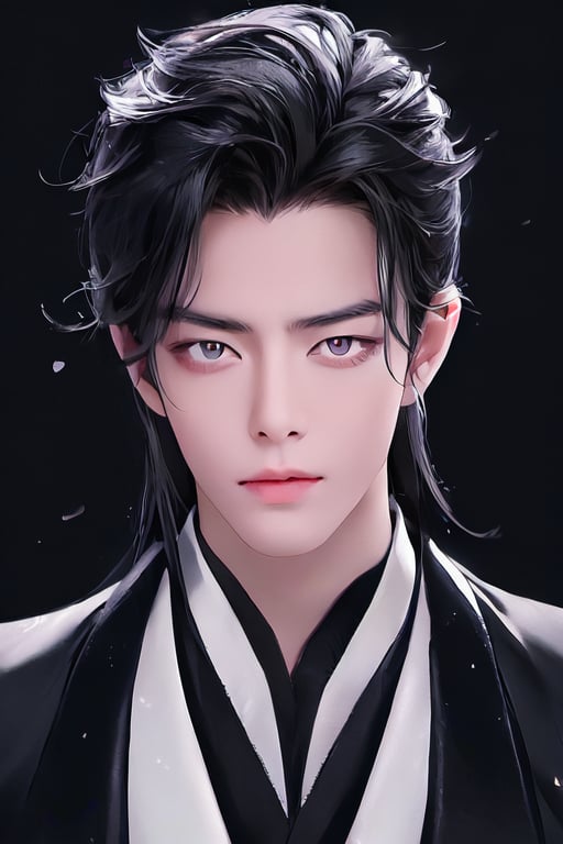 Generate a stunning high-resolution masterpiece featuring a young Chinese man exuding serenity.  dark background. His long black hair is styled immaculately, framing his cute face. 
Focus on his ruifeng eyes, which are almond-shaped with a subtle upward tilt, gleaming in the dim light and radiating calmness and depth. The inner corners of his eyes are rounded, while the outer edges slant gently downward before ending with an upward tilt. His eyebrows are groomed and add definition to his gaze.
Depict his straight nose and full rounded lips, with a cupid's bow and a lower lip that is a little shorter than the plumpier upper lip, featuring a small mole underneath, making him appear cute. His eyes are slightly larger and positioned a bit lower on his face, giving him a youthful appearance. Emphasize the deep philtrum that is slightly pointed upwards, moderating the visual length of his face. This portrait should capture the rare, demure beauty and natural cuteness of the subject.,1boy