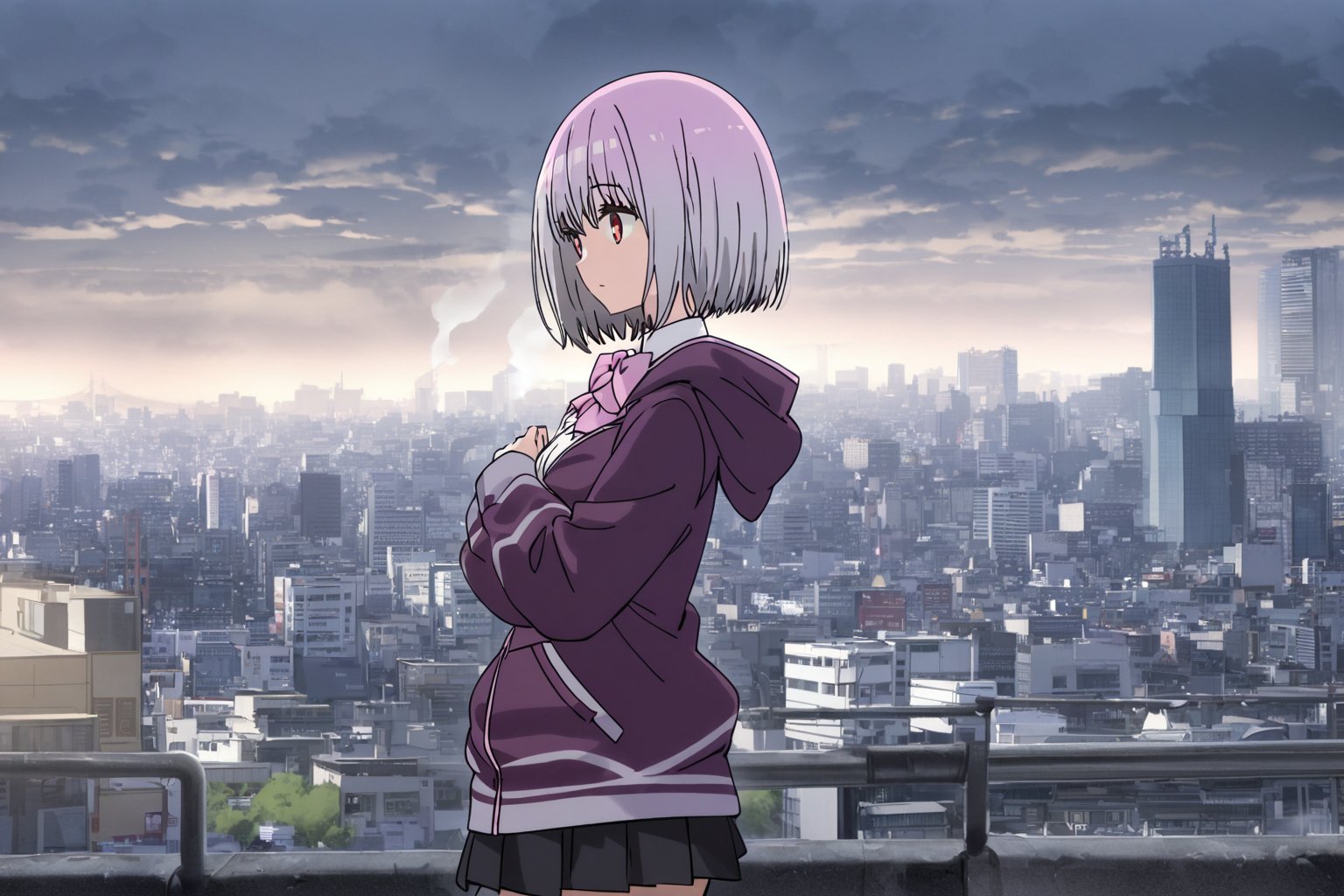 By far the best composition, Under a cloudy sky, a girl walks alone in the city with skyscrapers smoking in the distance, akihabara, tokyo, shinjou akane, 1girl, solo, pink hair, red eyes, purple zip-up hoodie jacket, white shirt, pink bowtie, black pleated skirt, darkgrey tights, black shoes