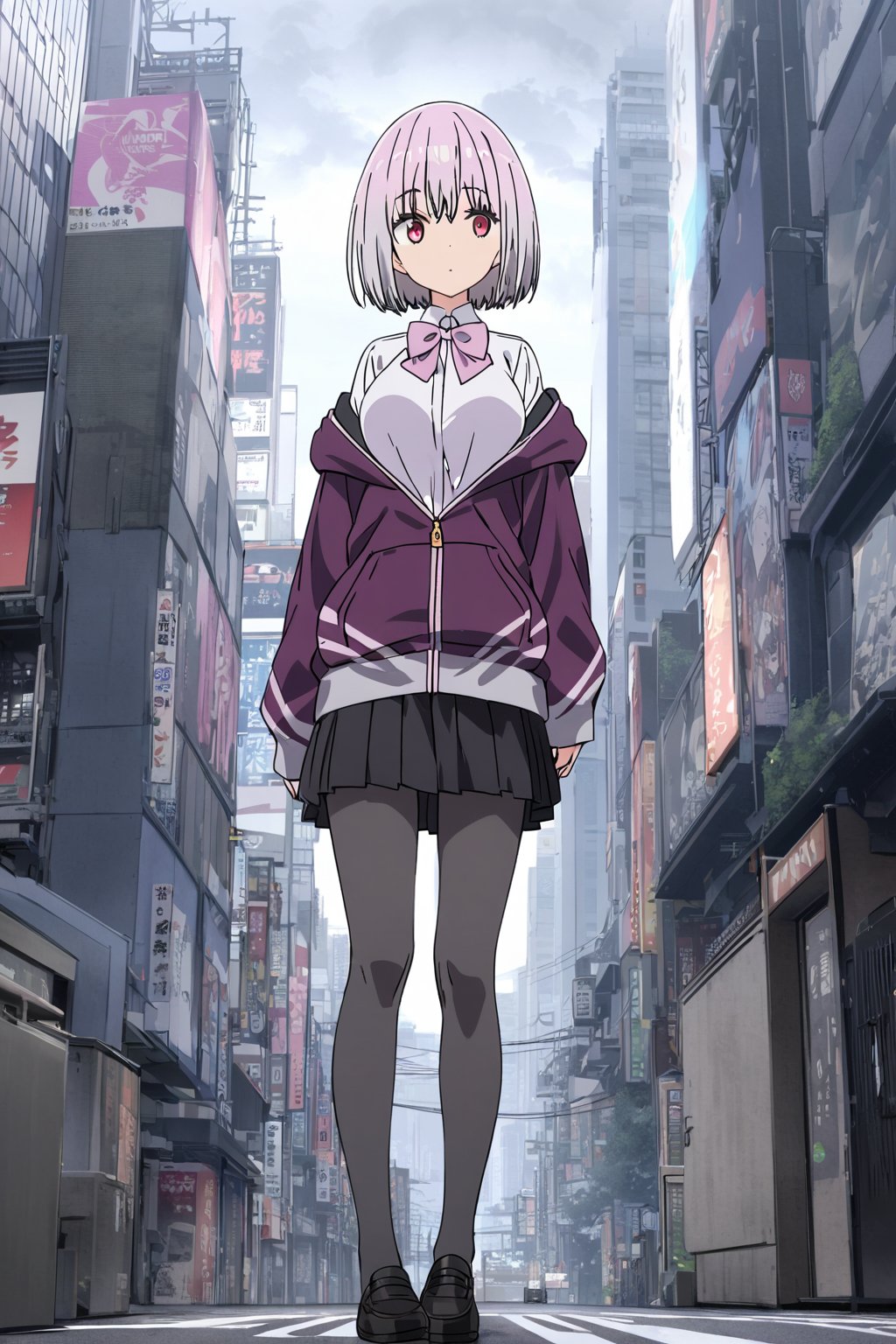 By far the best composition, Under a cloudy sky, a girl walks alone in the city with skyscrapers smoking in the distance, akihabara, tokyo, shinjou akane, 1girl, solo, pink hair, red eyes, purple zip-up hoodie jacket, white shirt, pink bowtie, black pleated skirt, darkgrey tights, black shoes