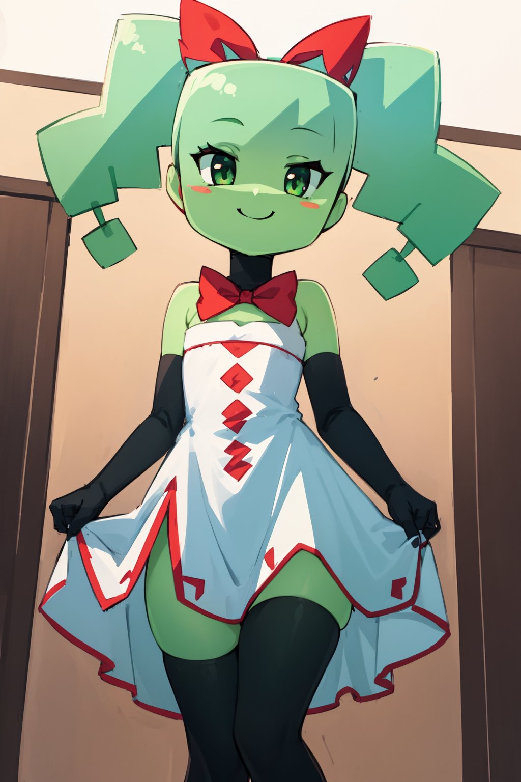 best quality, masterpiece, high quality, extremely detailed, soft ambient lighting, sharp focus, 1girl, solo, square, square head, mimi, dress, red bow, twin drills, green skin, green hair, flat chest, black thigh highs, BREAK looking at viewer, standing, PaperMimi, smile