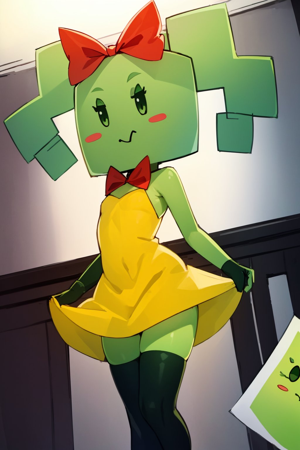 (masterpiece, best quality:1.2), extremely detailed, soft ambient lighting, sharp focus, 4K, BREAK , solo, (square, square head:1.2), paper mario mimi, mimi, dress, red bow, twin drills, green skin, green hair, flat chest, black thigh highs, BREAK looking at viewer, standing, PaperMimi