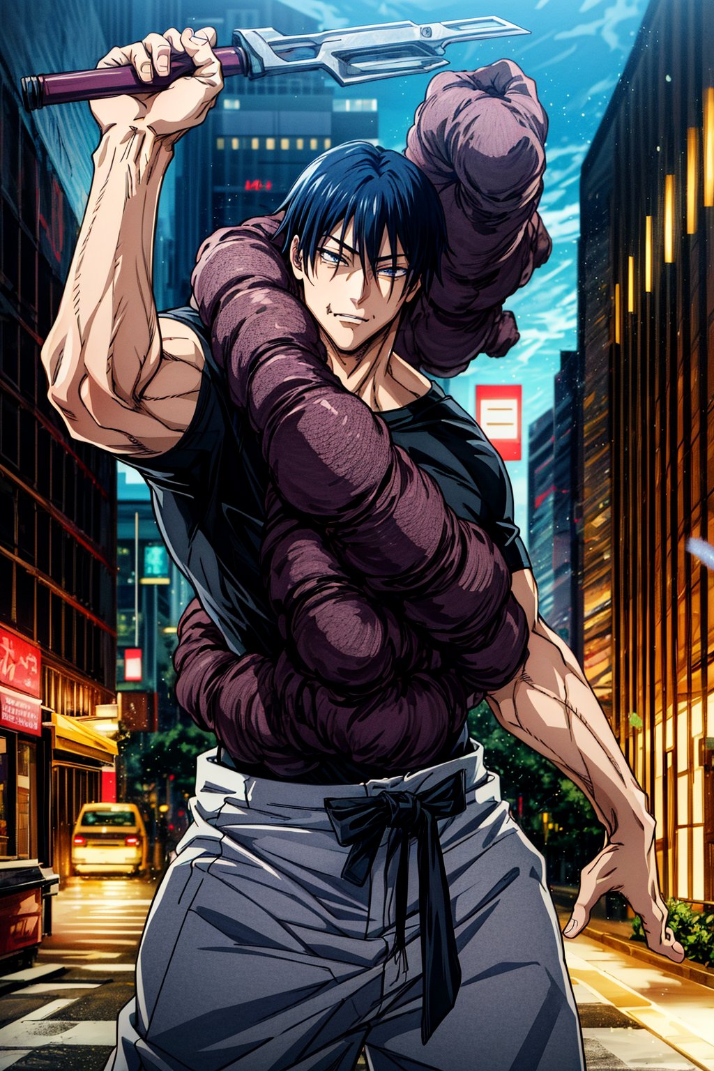 1 boy, edge light, toji fushiguro, tight black t-shirt, loose white pants, black hair, face with scar, city background, Jujutsu Kaisen, mix of fantasy and realism, special effects, fantasy, ultra HD, HDR, 4K, face in focus, best quality, face in focus, Dutch angle, (better hands),