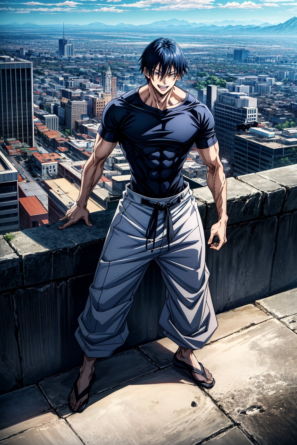 1 boy, edge light, toji fushiguro, tight black t-shirt, loose white pants, black hair, scar, happy, city background, Jujutsu Kaisen, mix of fantasy and realism, special effects, fantasy, ultra HD, HDR, 4K,