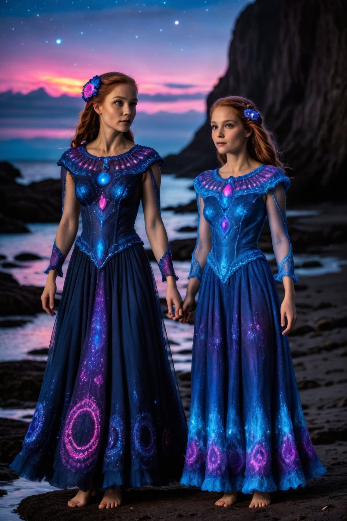 Formal celestial crochet dresses that are dark blue and cornflower blue with historical Irish elements


