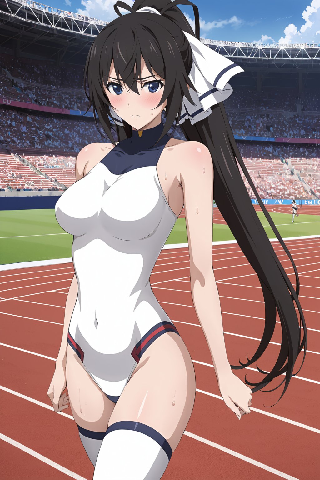 running  ,  (  embarrassed , sweating ) ,  in track and field stadium  , ( masterpiece , ultra Detailed  , ultra Detailed  Clothes  ) , 
shinonono houki, purple eyes, black hair, split ponytail, high ponytail, white hair ribbon, long hair, 
white leotard, pilot suit, white thighhighs, turtleneck, halterneck, impossible leotard, impossible clothes