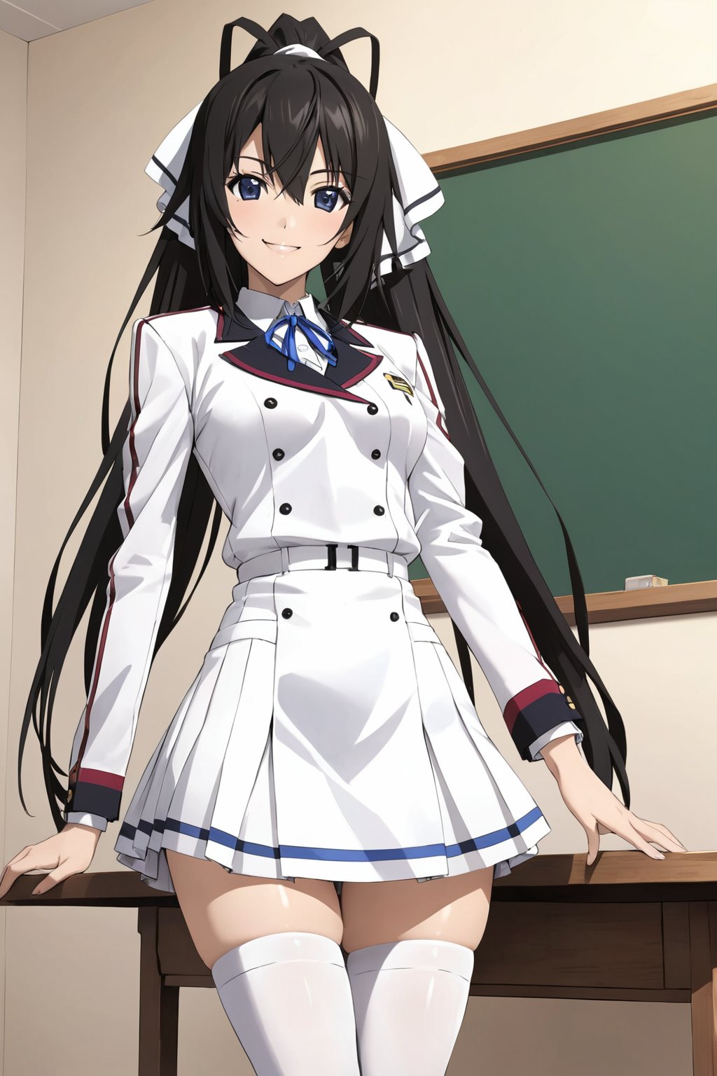 smile ,  at school , ( masterpiece , ultra Detailed  , ultra Detailed  Clothes  ) , 
shinonono houki, purple eyes, black hair, split ponytail, high ponytail, white hair ribbon, long hair, 
school uniform, uniform, white ribbon, white thighhighs, thighhighs, long sleeves , white skirt  , blue neck ribbon 