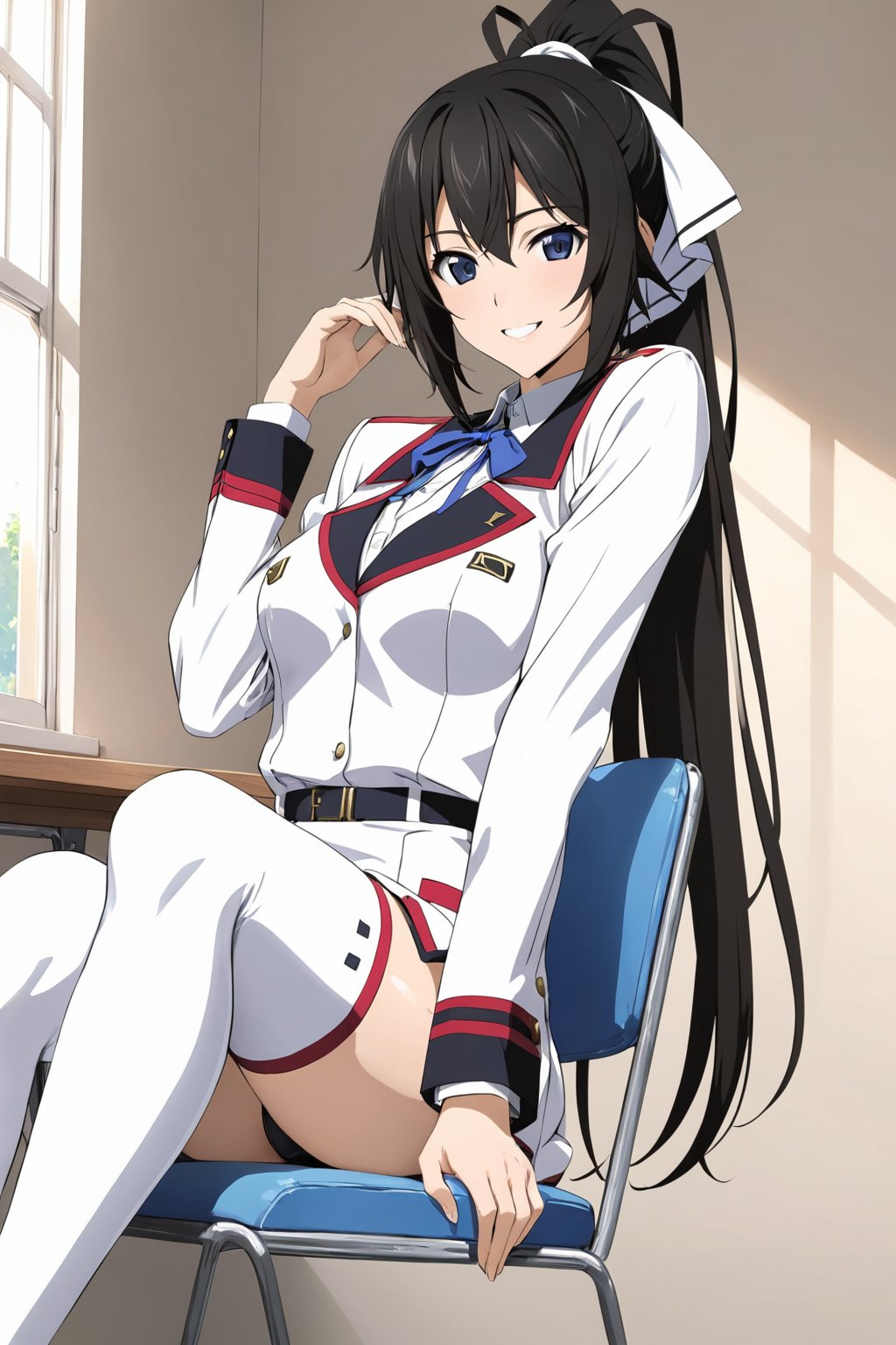 seated , smile ,  at school , ( masterpiece , ultra Detailed  , ultra Detailed  Clothes  ) , 
shinonono houki, purple eyes, black hair, split ponytail, high ponytail, white hair ribbon, long hair, 
school uniform, uniform, white ribbon, white thighhighs, thighhighs, long sleeves , white skirt  , blue neck ribbon 