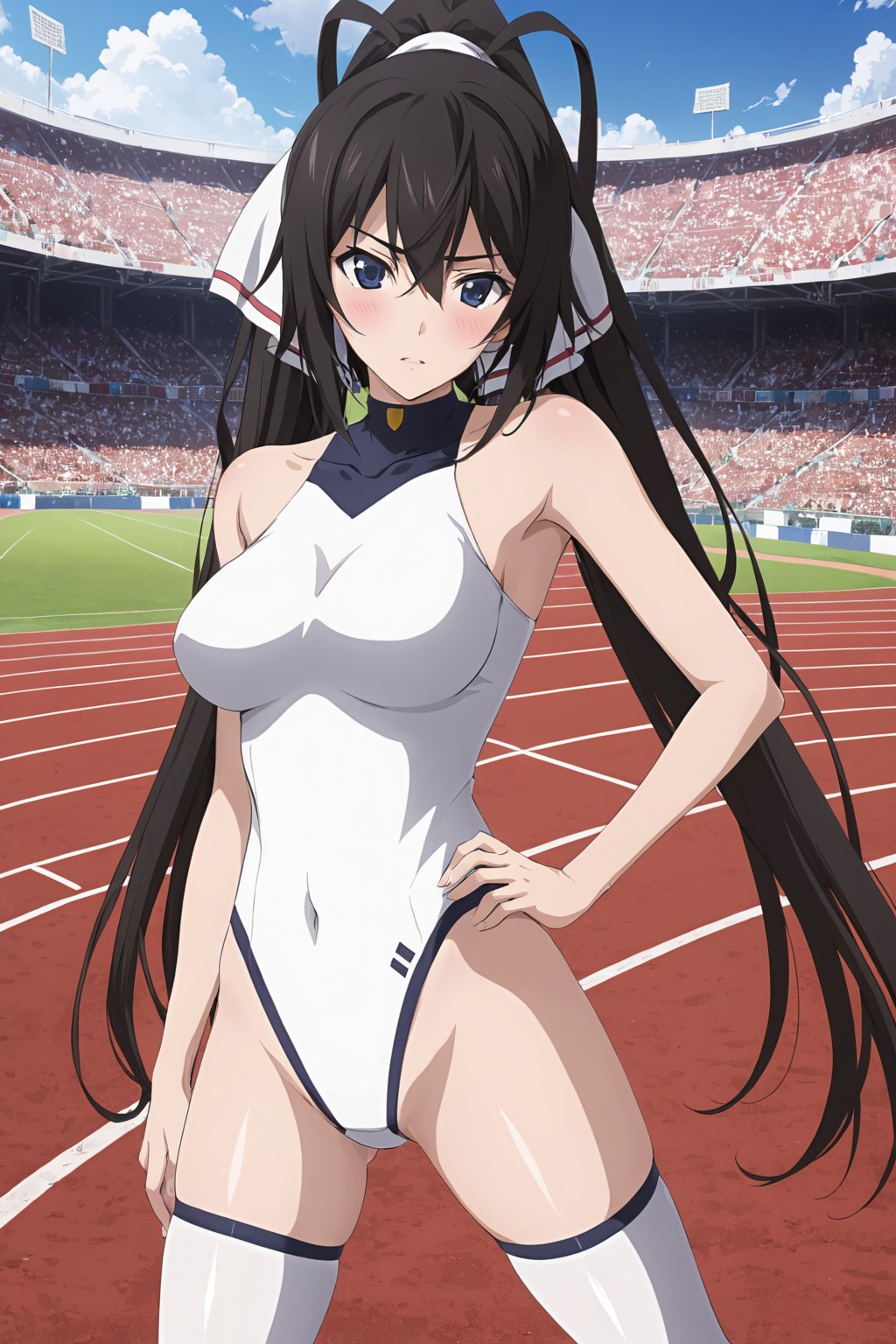 crouching start , at start line ,   embarrassed  in track and field stadium  , ( masterpiece , ultra Detailed  , ultra Detailed  Clothes  ) , 
shinonono houki, purple eyes, black hair, split ponytail, high ponytail, white hair ribbon, long hair, 
white leotard, pilot suit, white thighhighs, turtleneck, halterneck, impossible leotard, impossible clothes