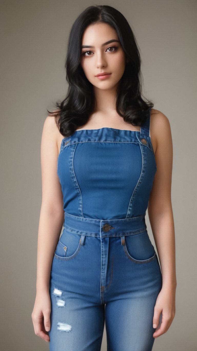 pretty 1girl, long straight black hair, wearing denim cover all fashion, super high quality, real images, lifelike, real skin, soft lighting, Cinematic, (Surrealism: 1.2), (8K UHD: 1.2), (Photorealism: 1.2), Shot with medium format camera, Professional camera, Perfectly Delicate and Rich in Detail, (masterpiece, top quality, best quality, official art, beautiful and aesthetic:1.2), (((1girl))), dynamic pose, extreme detailed,Big bearsts