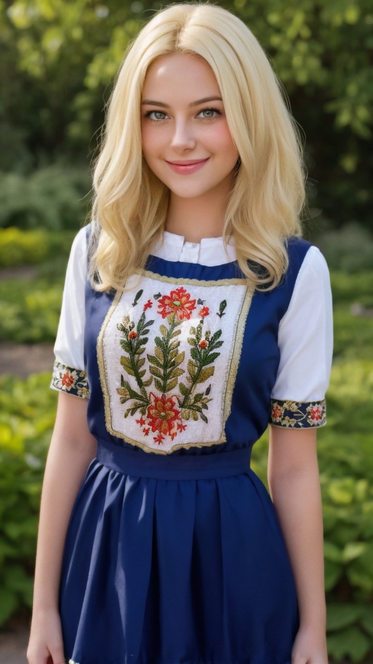 1girl, Beautiful young woman, blonde, smiling, (in beautiful Ukrainian national costume embroidery ornament white, black), sunny day, botanical garden, realistic