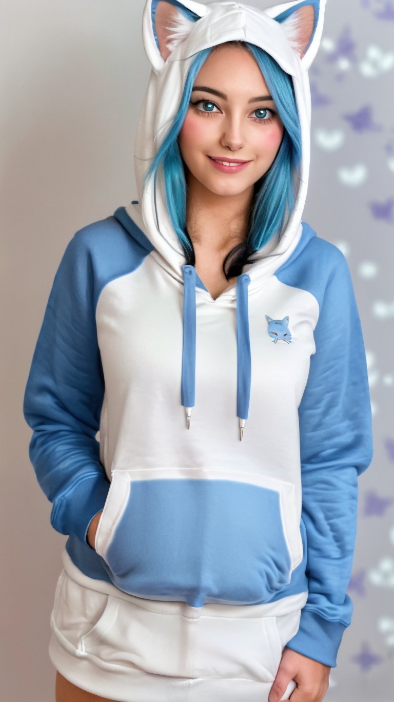 (masterpiece, best quality, highres:1.3), ultra resolution image, (1girl), (solo), kawaii, accessories, gleaming blue hair, (white kitty hoodie:1.5), cat themed, ears on hood, unique, (cute background:1.5), pastel shades, fluffy clouds, (relaxed atmosphere:1.3), soft, minimalistic style, (focus on character:1.4), adorable, dreamy, cat tower, magical, colorful, smile, happy