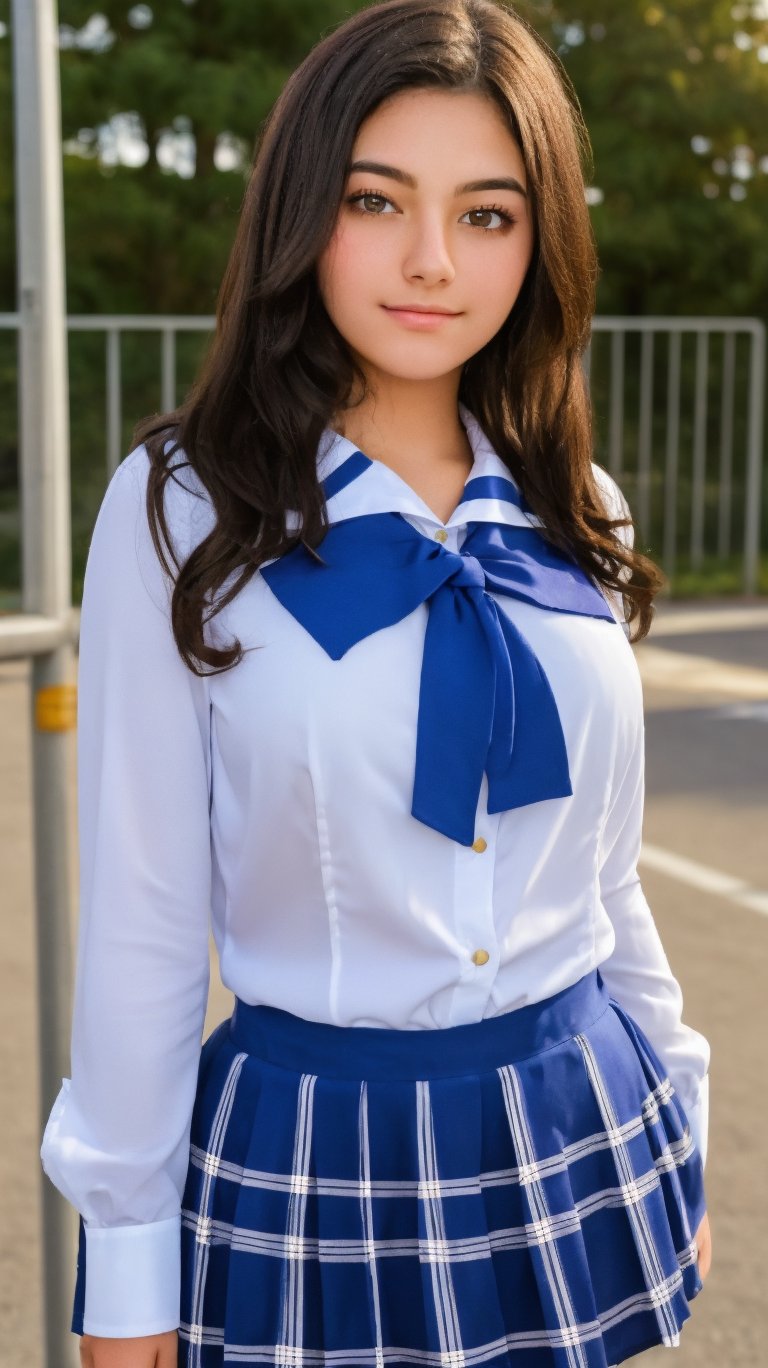 high school student,girl,school uniform(laced blouse and suit),at school gate,Best Quality, 32k, photorealistic, ultra-detailed, finely detailed, high resolution, perfect dynamic composition, beautiful detailed eyes, sharp-focus, cowboy_shot, 