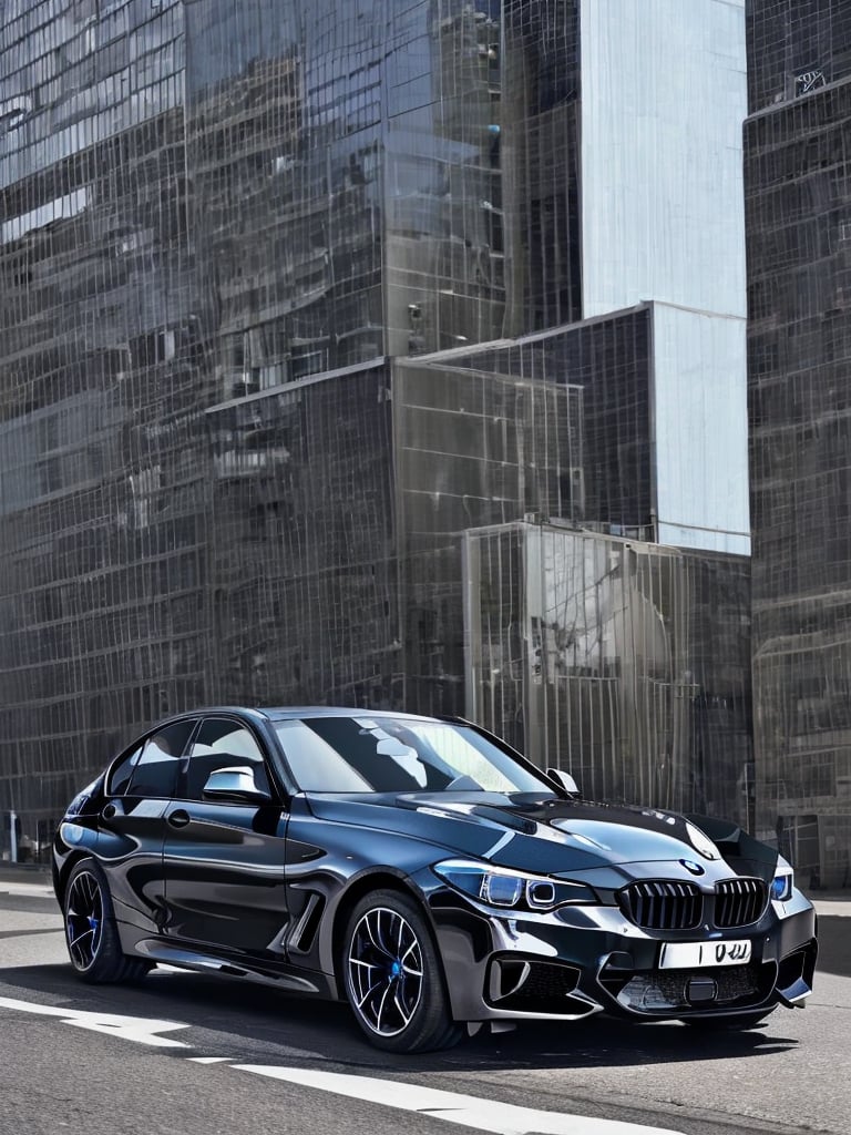 Realistic, high quality, a black bmw car.  On a road in the city. Masterpiece