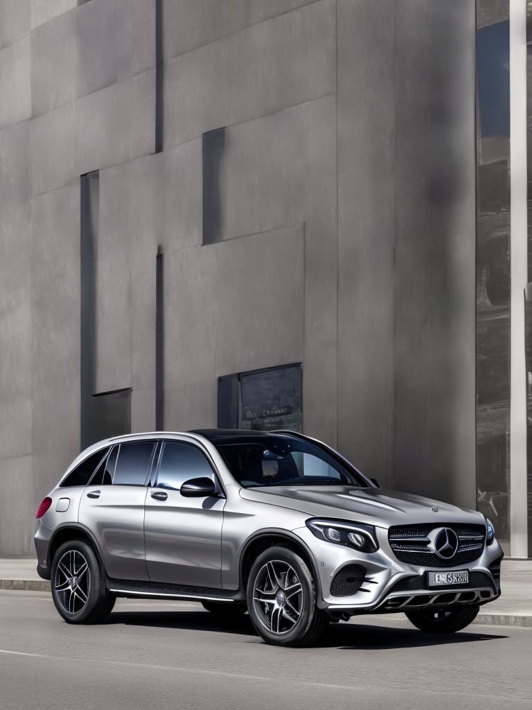 Realistic, high quality, a silver Mercedes SUV glc4 car.  On a road in the city. Masterpiece,Masterpiece