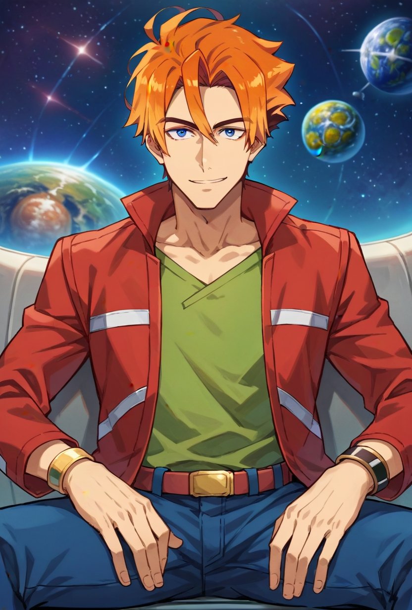 (score_9, score_8_up:1.1), score_7_up, robby yarge, 1boy, solo, orange hair, yellow hair, blue eyes, red jacket, green shirt, blue pants, looking at viewer, sitting, spread legs, couchm smile, space, planet, cowboy shot