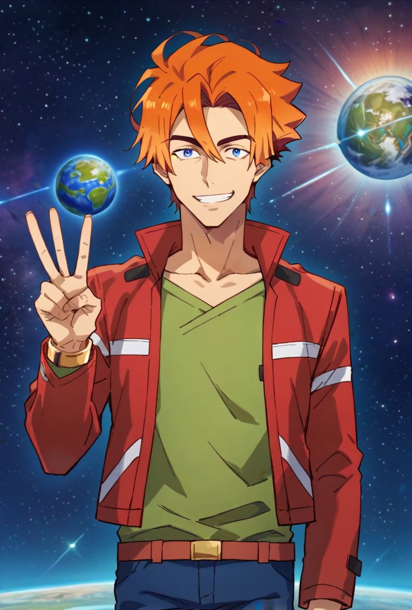 (score_9, score_8_up:1.1), score_7_up, robby yarge, 1boy, solo, orange hair, yellow hair, blue eyes, red jacket, green shirt, blue pants, looking at viewer, smile, space, planet, v, cowboy shot