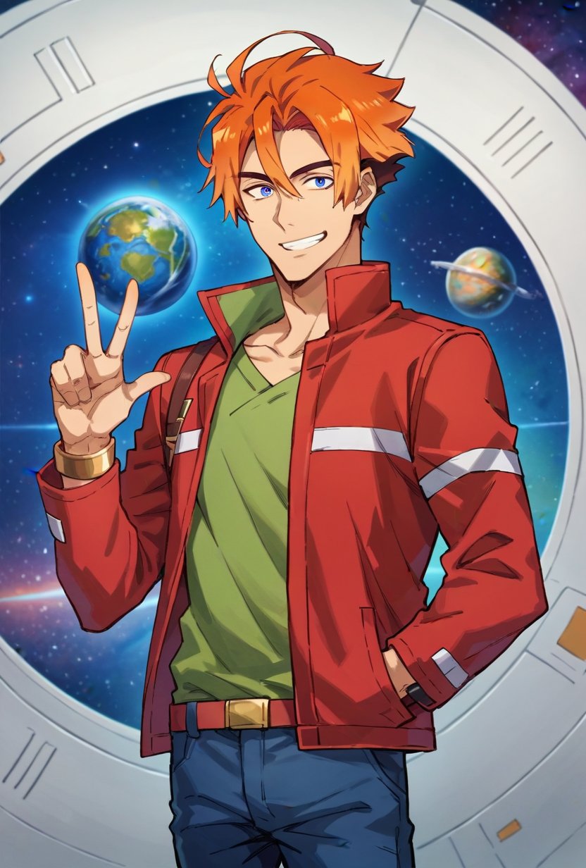 (score_9, score_8_up:1.1), score_7_up, robby yarge, 1boy, solo, orange hair, yellow hair, blue eyes, red jacket, green shirt, blue pants, looking at viewer, smile, space, planet, v, cowboy shot