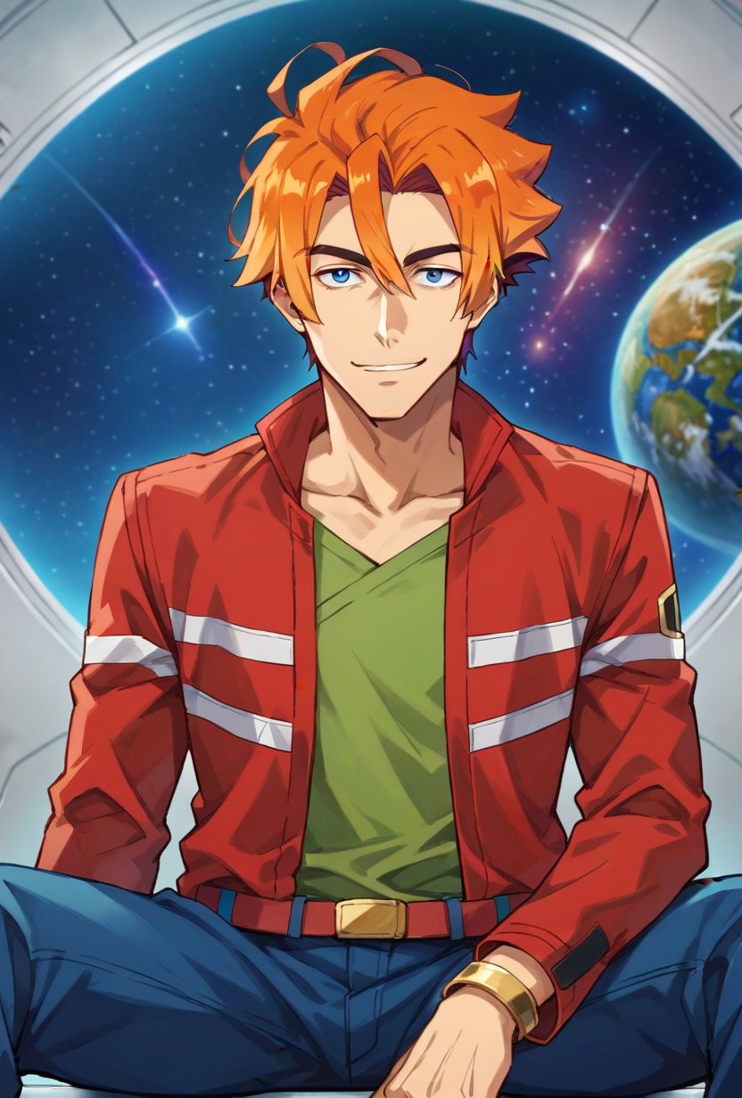 (score_9, score_8_up:1.1), score_7_up, robby yarge, 1boy, solo, orange hair, yellow hair, blue eyes, red jacket, green shirt, blue pants, looking at viewer, sitting, spread legs, couchm smile, space, planet, cowboy shot