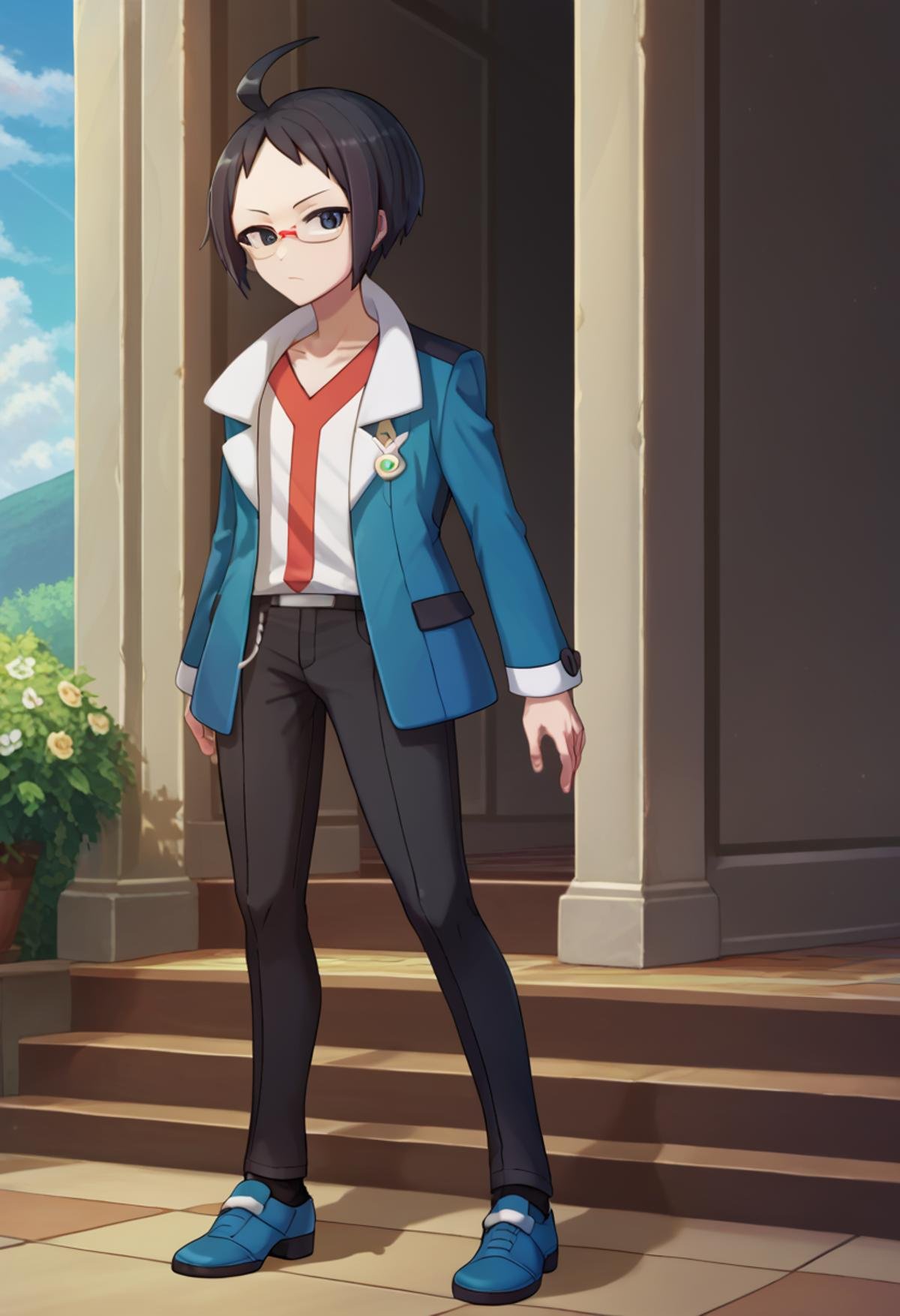 score_9, score_8_up, score_7_up, source_anime, masterpiece, best quality,detailed,intricate details, amazing quality, best aesthetic, absurdres, cheren_pokemon, black hair, grey eyes, ahoge, glasses, blue jacket, black pants, white shirt, blue shoes<lora:EMS-387721-EMS:1.000000>