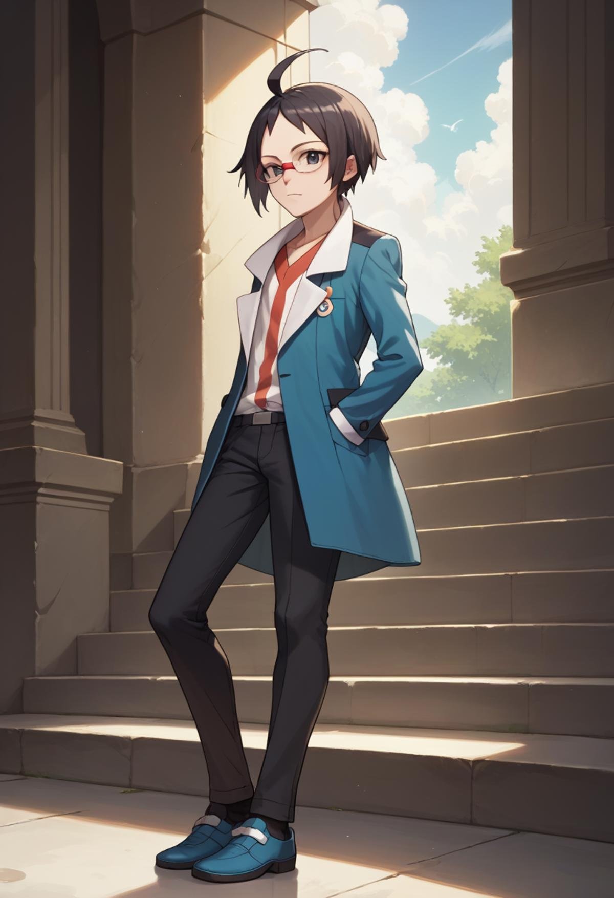 score_9, score_8_up, score_7_up, source_anime, masterpiece, best quality,detailed,intricate details, amazing quality, best aesthetic, absurdres, cheren_pokemon, black hair, grey eyes, ahoge, glasses, blue jacket, black pants, white shirt, blue shoes<lora:EMS-387721-EMS:1.000000>