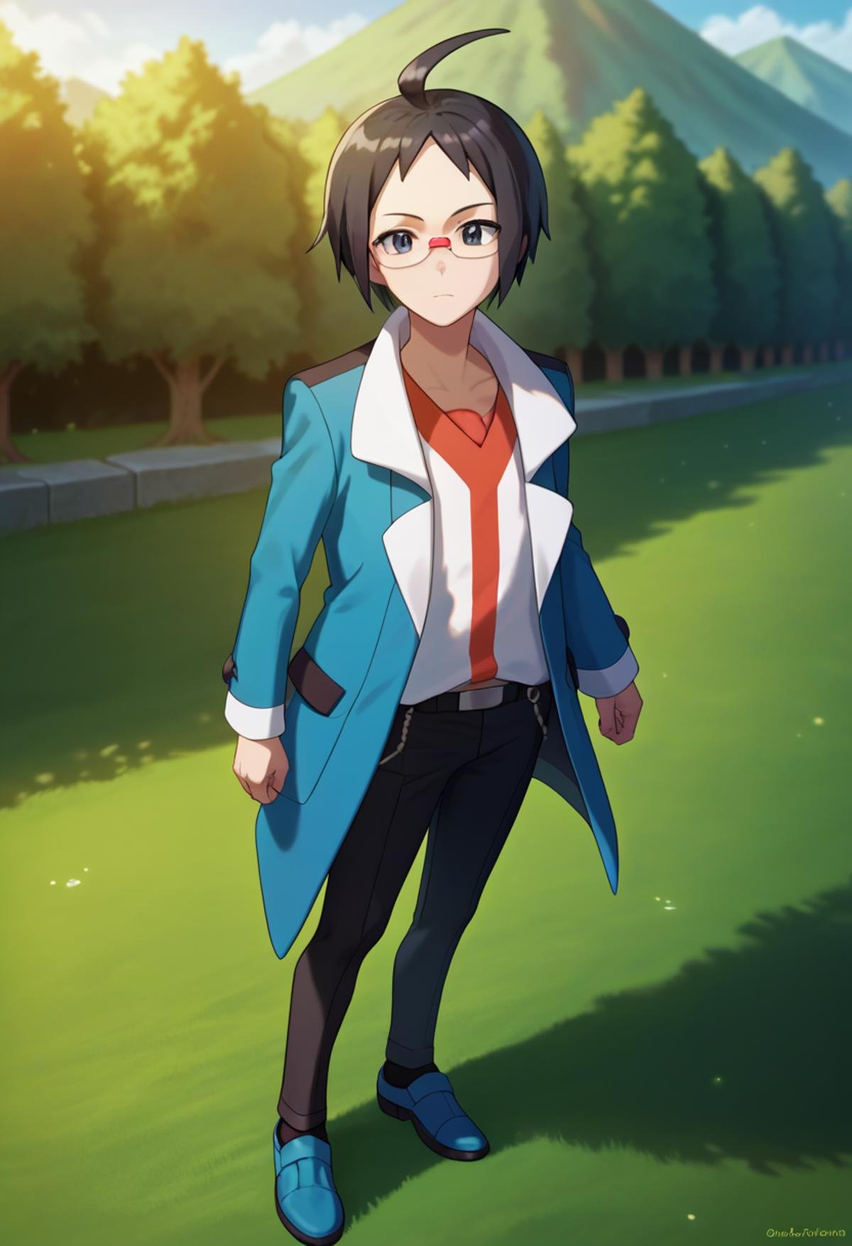 score_9, score_8_up, score_7_up, source_anime, masterpiece, best quality,detailed,intricate details, amazing quality, best aesthetic, absurdres, cheren_pokemon, black hair, grey eyes, ahoge, glasses, blue jacket, black pants, white shirt, blue shoes<lora:EMS-387721-EMS:1.000000>