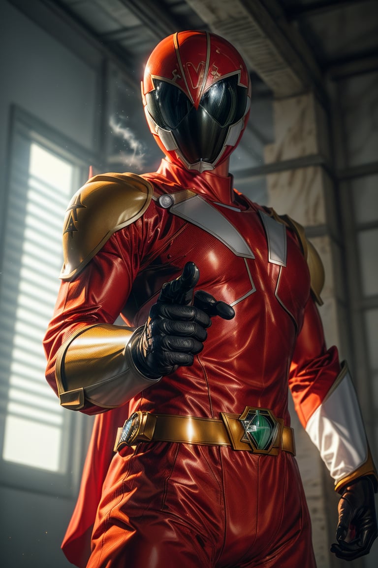 1man, super sentai, red colo, action_pose, dynamic pose, tokusatsu, (8K, ultra-detailed, masterpiece, best quality, detailed, highly detailed, sharp focus) , (medium shot:1.3), (wide angle), (look at viewer:1.3), (not Safe for work:1.3),More Detail, gogov