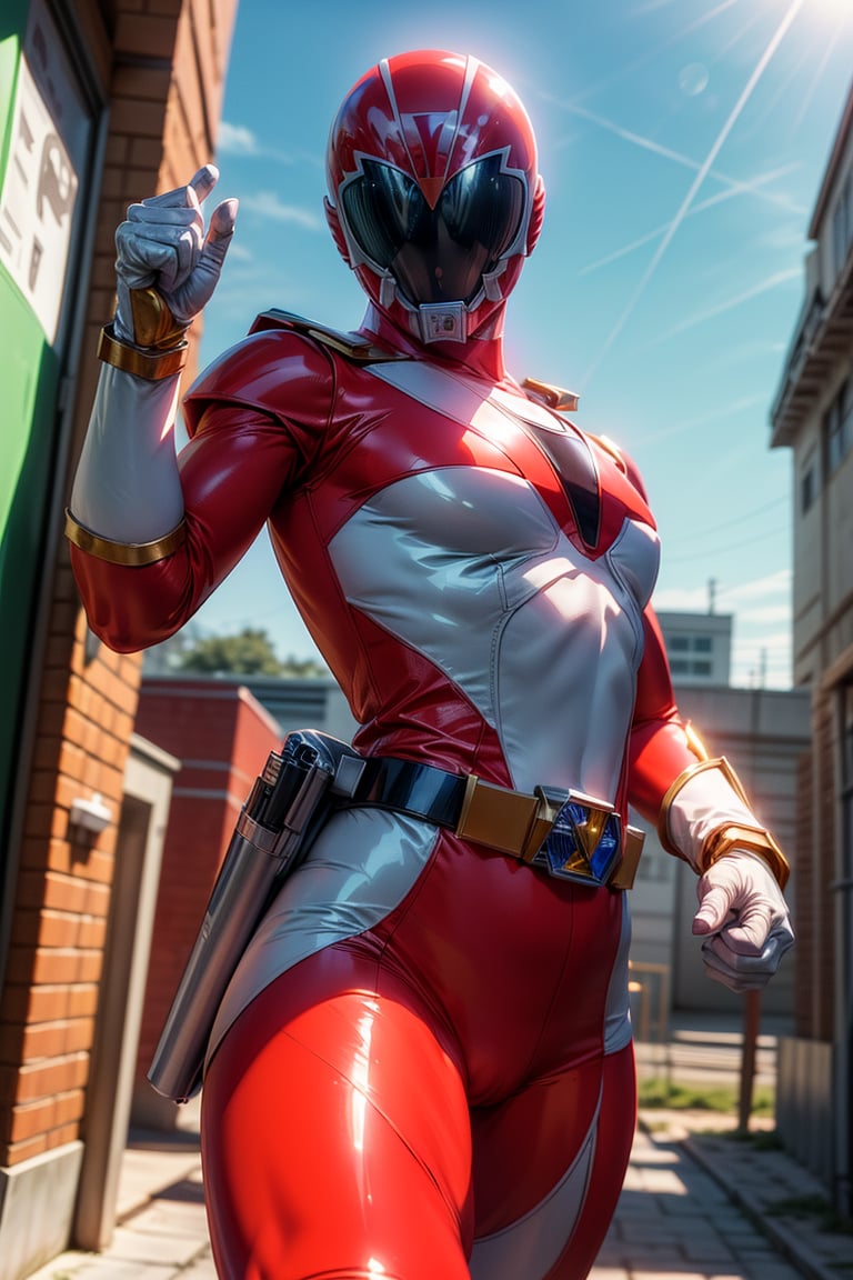 1man, super sentai, red colo, action_pose, dynamic pose, tokusatsu, (8K, ultra-detailed, masterpiece, best quality, detailed, highly detailed, sharp focus) , (medium shot:1.3), (wide angle), (look at viewer:1.3), (not Safe for work:1.3),More Detail, gogov