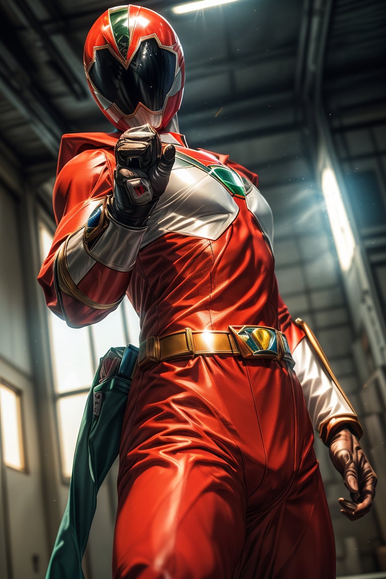 1man, super sentai, red colo, action_pose, dynamic pose, tokusatsu, (8K, ultra-detailed, masterpiece, best quality, detailed, highly detailed, sharp focus) , (medium shot:1.3), (wide angle), (look at viewer:1.3), (not Safe for work:1.3),More Detail, gogov