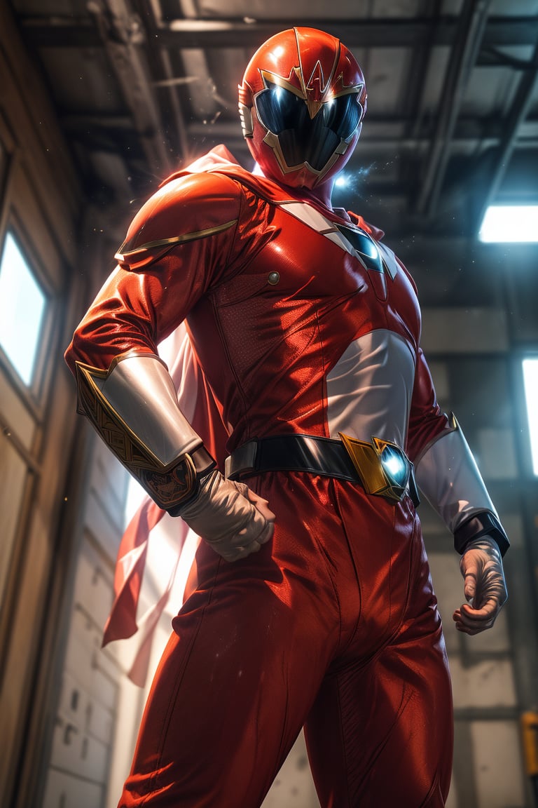 1man, super sentai, red colo, action_pose, dynamic pose, tokusatsu, (8K, ultra-detailed, masterpiece, best quality, detailed, highly detailed, sharp focus) , (medium shot:1.3), (wide angle), (look at viewer:1.3), (not Safe for work:1.3),More Detail, gogov