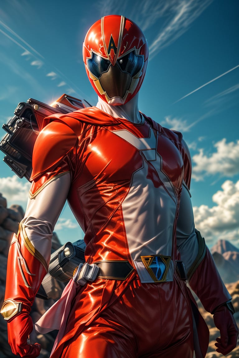 1man, super sentai, red colo, action_pose, dynamic pose, tokusatsu, (8K, ultra-detailed, masterpiece, best quality, detailed, highly detailed, sharp focus) , (medium shot:1.3), (wide angle), (look at viewer:1.3), (not Safe for work:1.3),More Detail, gogov