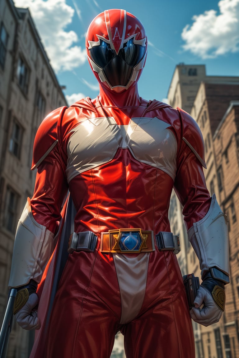 1man, super sentai, red colo, action_pose, dynamic pose, tokusatsu, (8K, ultra-detailed, masterpiece, best quality, detailed, highly detailed, sharp focus) , (medium shot:1.3), (wide angle), (look at viewer:1.3), (not Safe for work:1.3),More Detail, gogov