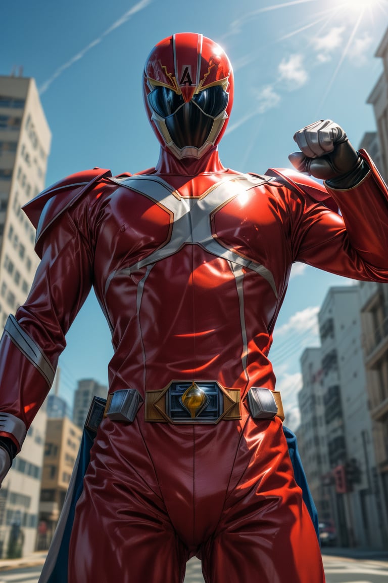 1man, super sentai, red colo, action_pose, dynamic pose, tokusatsu, (8K, ultra-detailed, masterpiece, best quality, detailed, highly detailed, sharp focus) , (medium shot:1.3), (wide angle), (look at viewer:1.3), (not Safe for work:1.3),More Detail, gogov