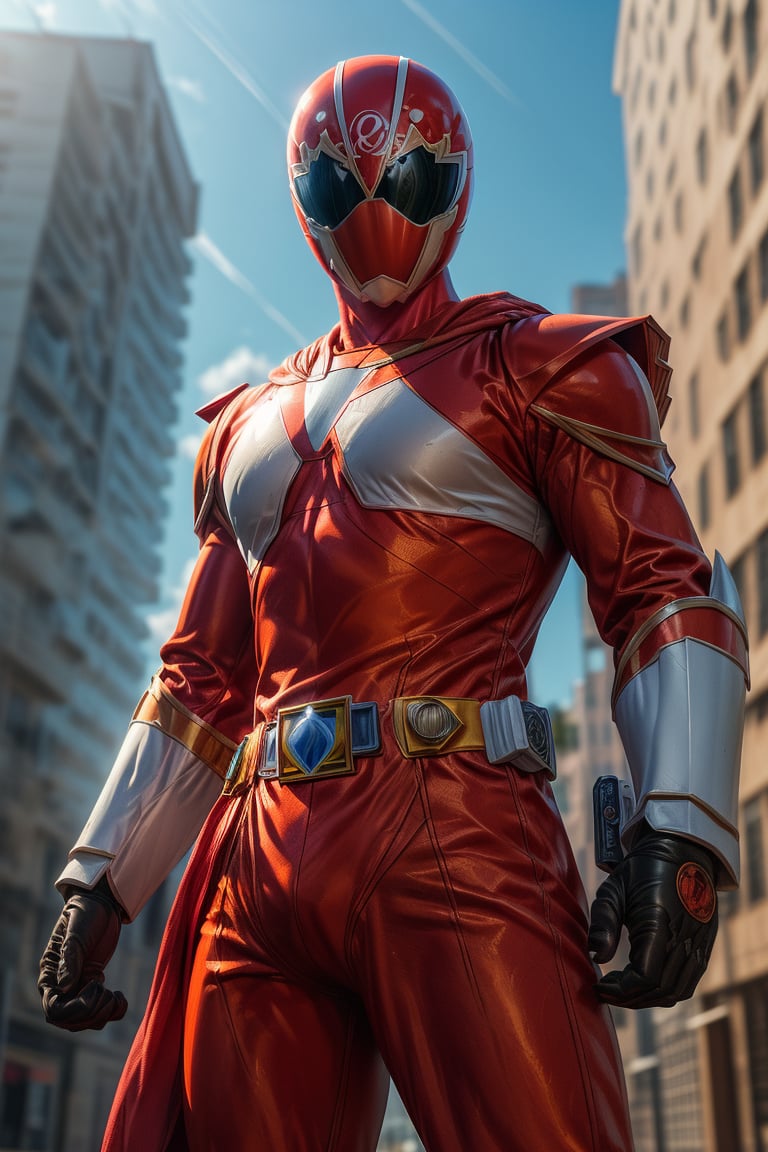 1man, super sentai, red colo, action_pose, dynamic pose, tokusatsu, (8K, ultra-detailed, masterpiece, best quality, detailed, highly detailed, sharp focus) , (medium shot:1.3), (wide angle), (look at viewer:1.3), (not Safe for work:1.3),More Detail, gogov